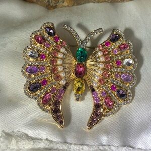 Multi colored Rhinestone Gold Tone Butterfly Brooch